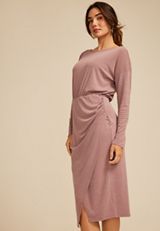Mauve Boat Neck Faux Wrap Midi Dress, , small