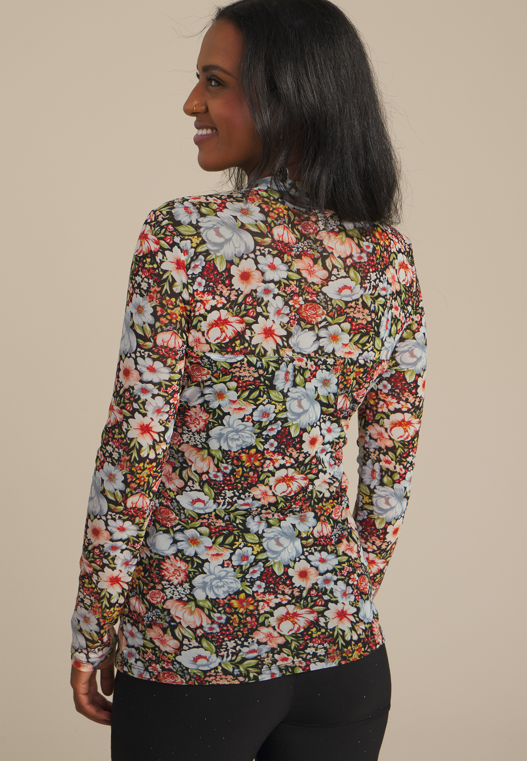 Floral Mesh Mock Neck Blouse, C1756, large