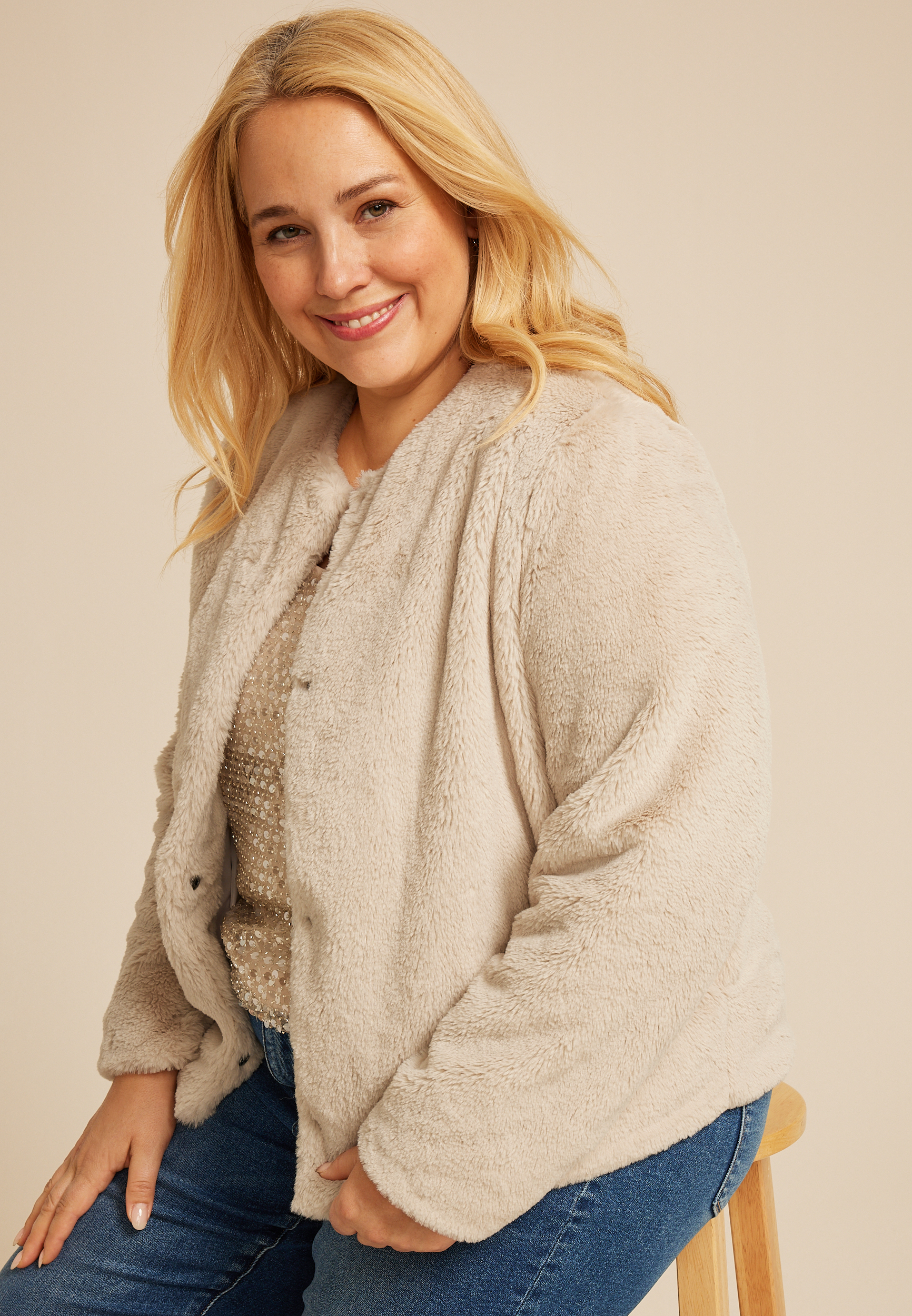 Plus Size Studio Y Faux Fur Jacket, CHAMPAGNE, large