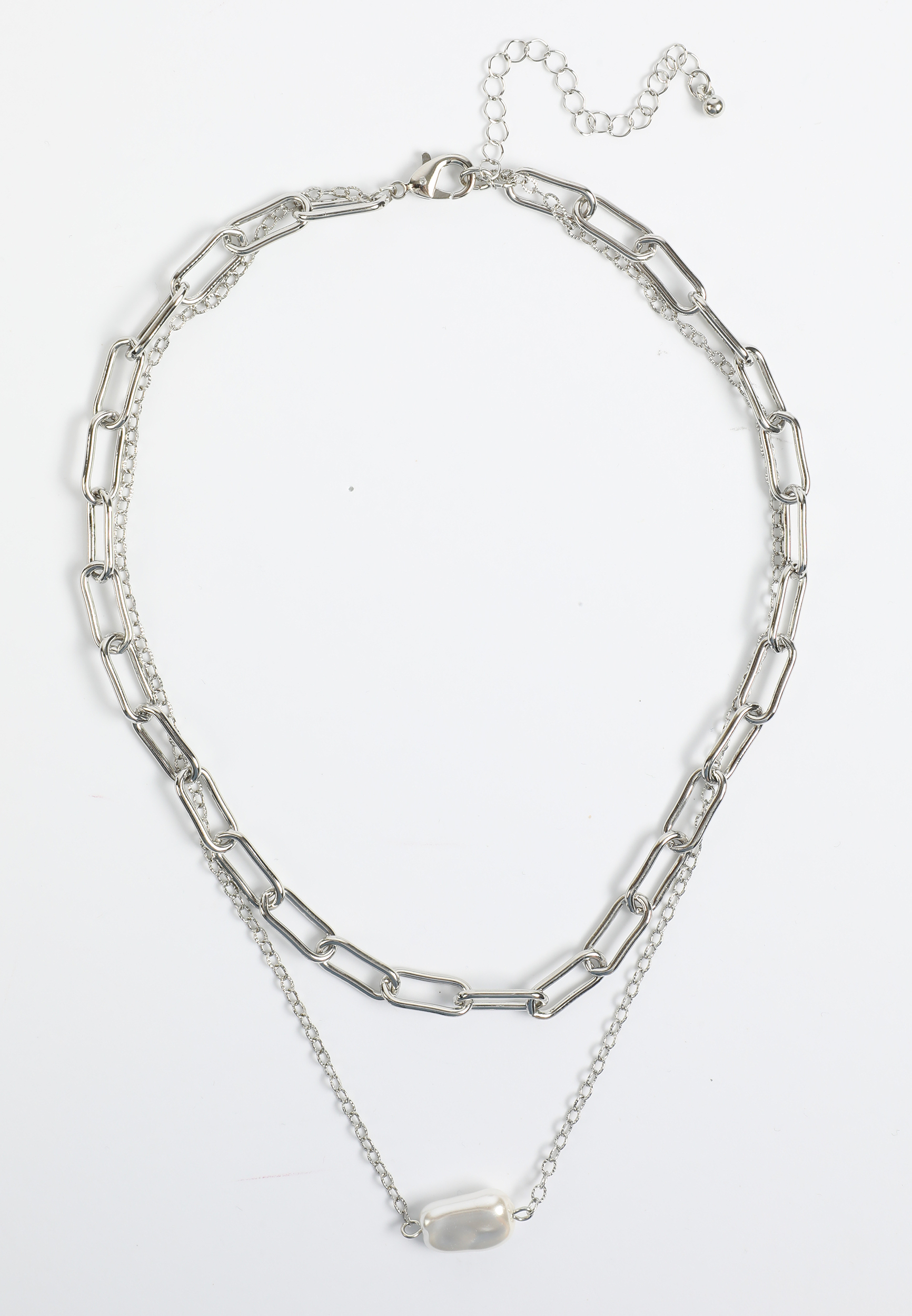 Silver Hammered Pearl Double Layered Necklace, C431, large