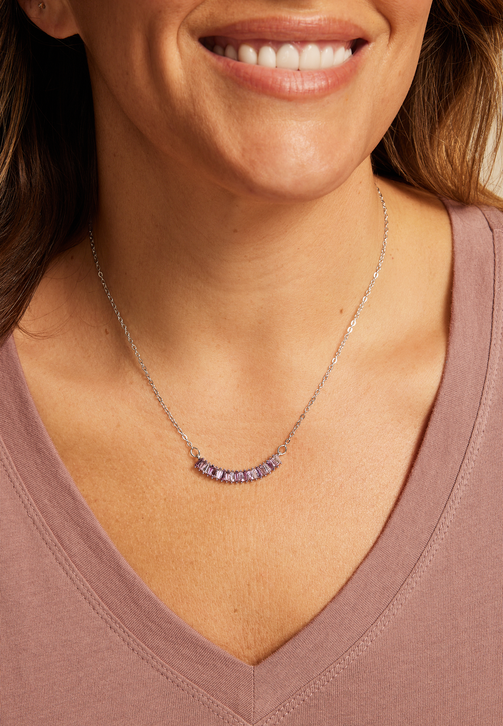 Silver Mauve Glass Gemstone Pendant Necklace, C431, large