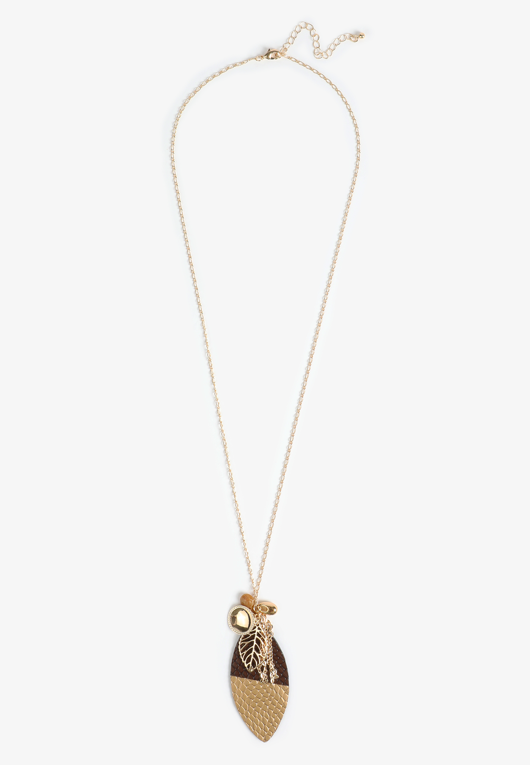 Gold And Brown Dipped Faux Leather Leaf Pendant Necklace, BROWN COMBO, large