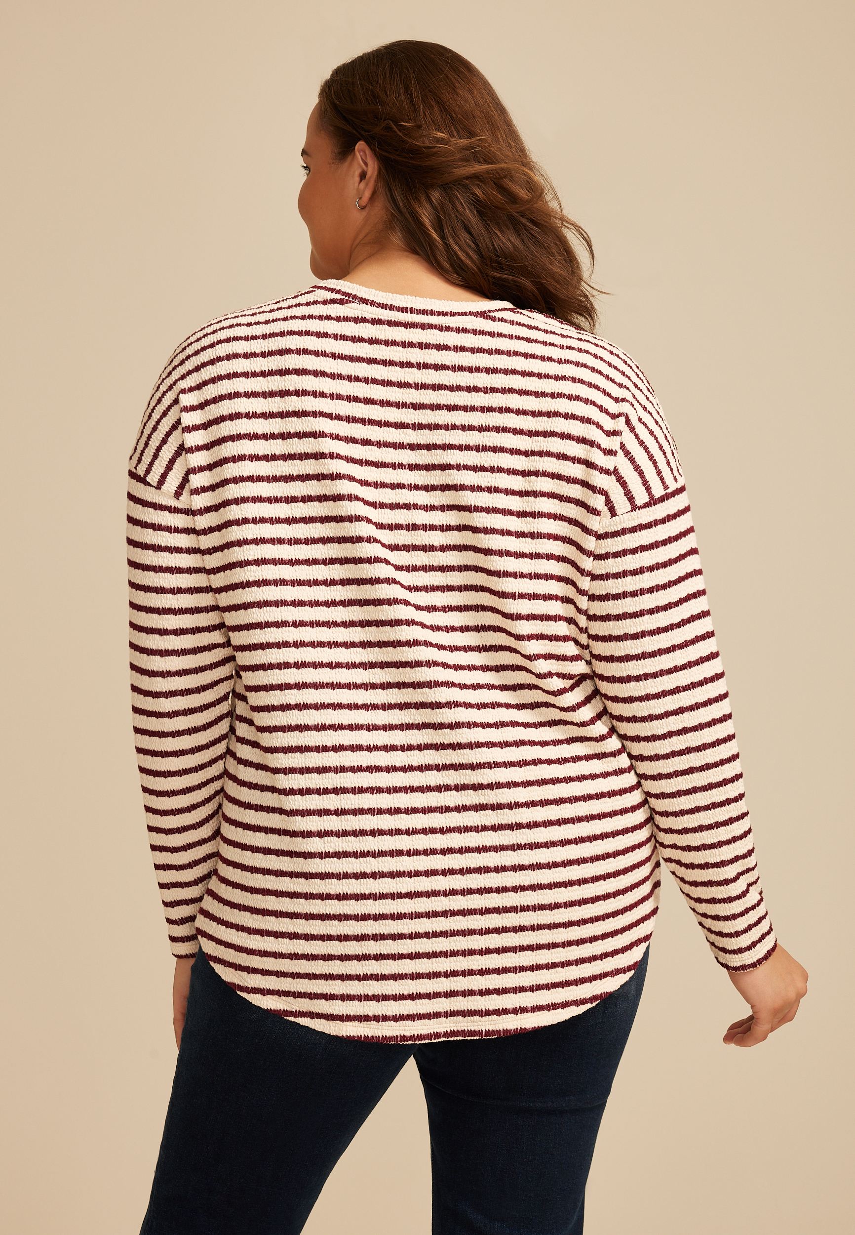 Plus Size 24/7 Clara Jacquard Long Sleeve Tee, BURGUNDY COMBO, large