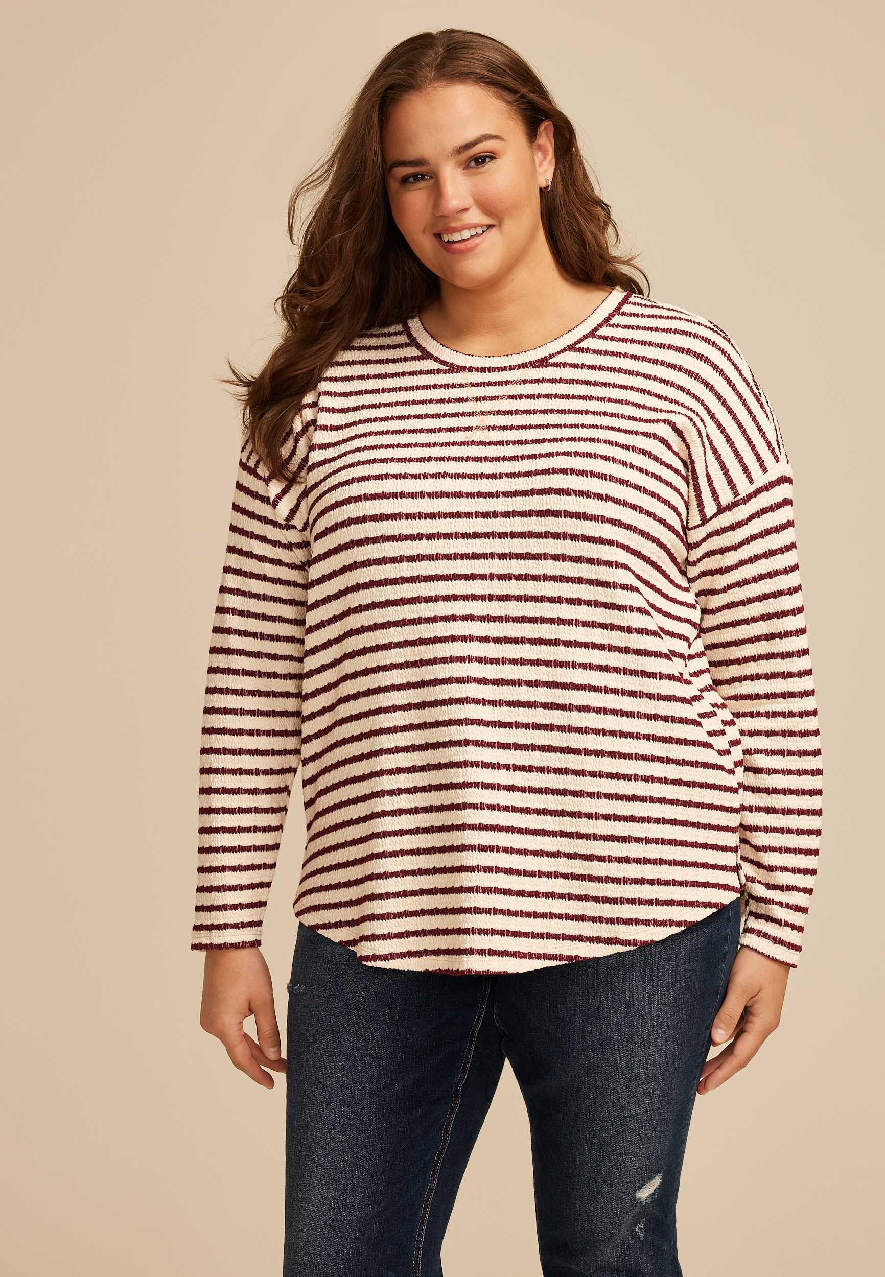 Plus Size 24/7 Clara Jacquard Long Sleeve Tee, BURGUNDY COMBO, large