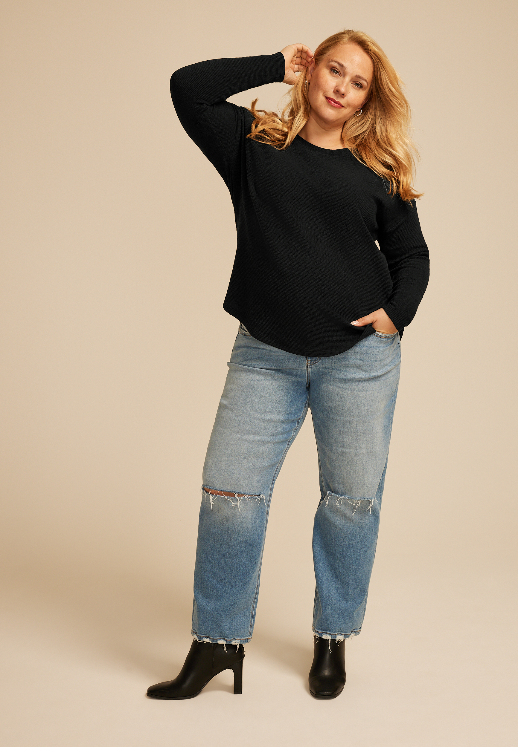 Plus Size 24/7 Clara Seersucker Long Sleeve Tee
