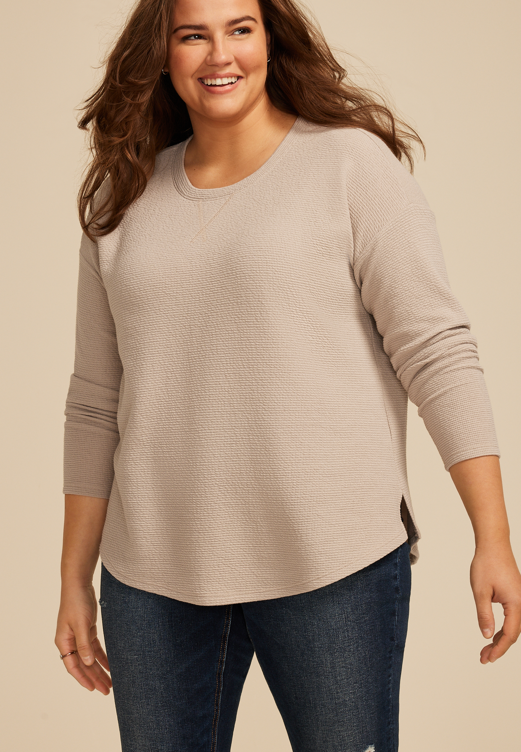 Plus Size 24/7 Clara Seersucker Long Sleeve Tee