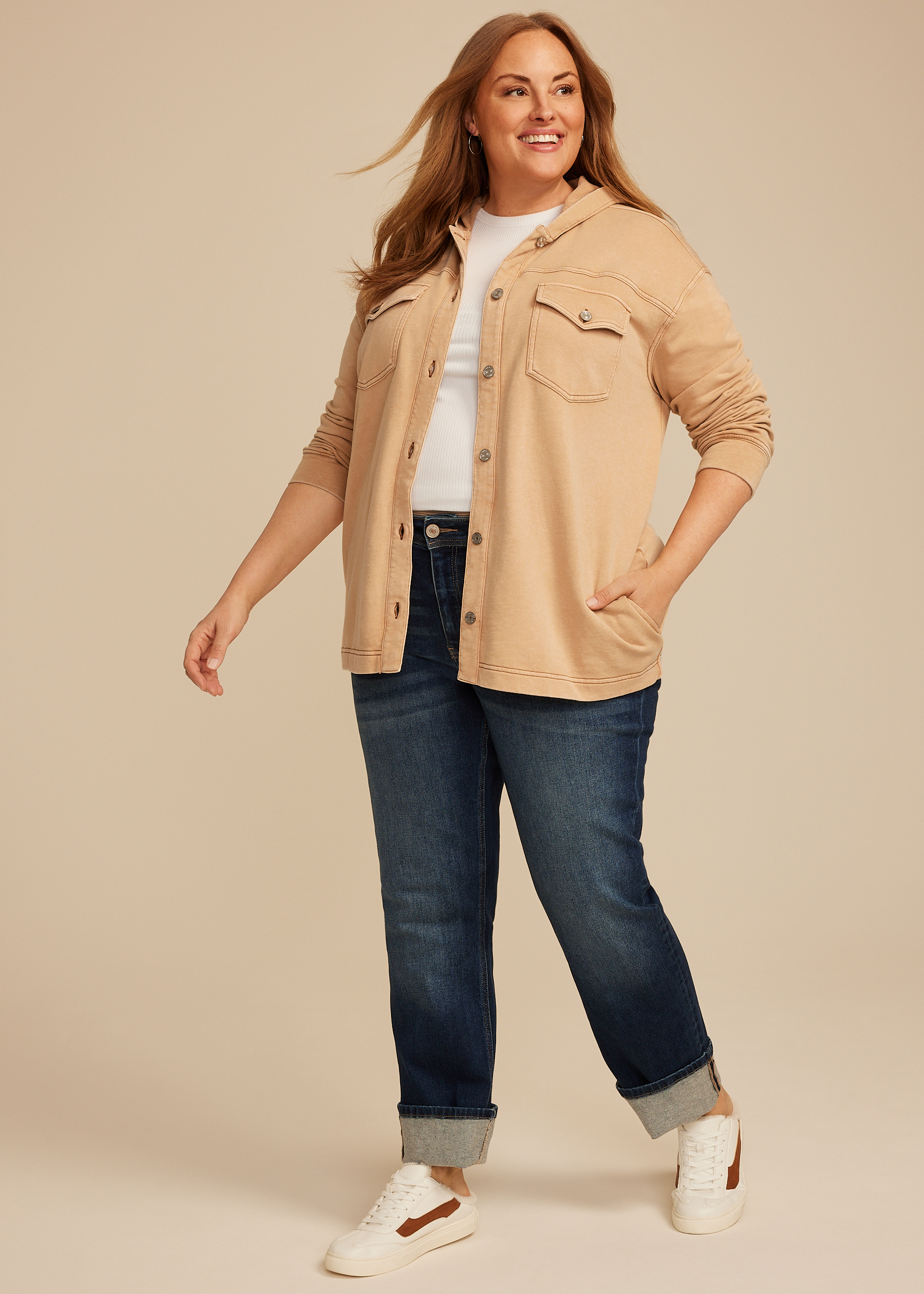 Plus Size Washed Hooded Shacket, C1457, large