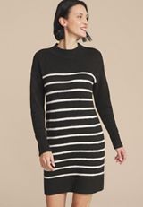 Striped Mock Neck Mini Sweater Dress, C1756, small