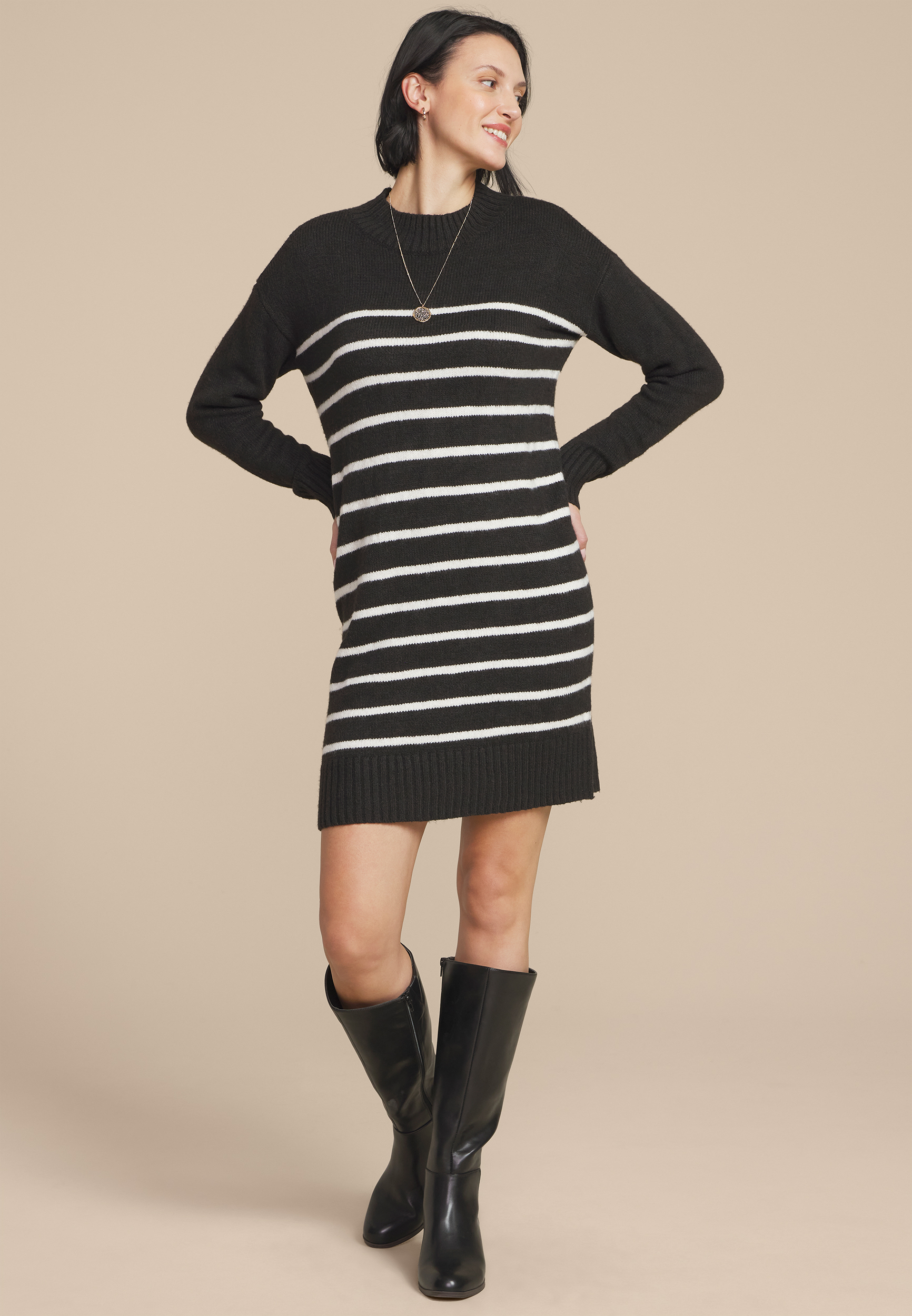 Striped Mock Neck Mini Sweater Dress, C1756, large