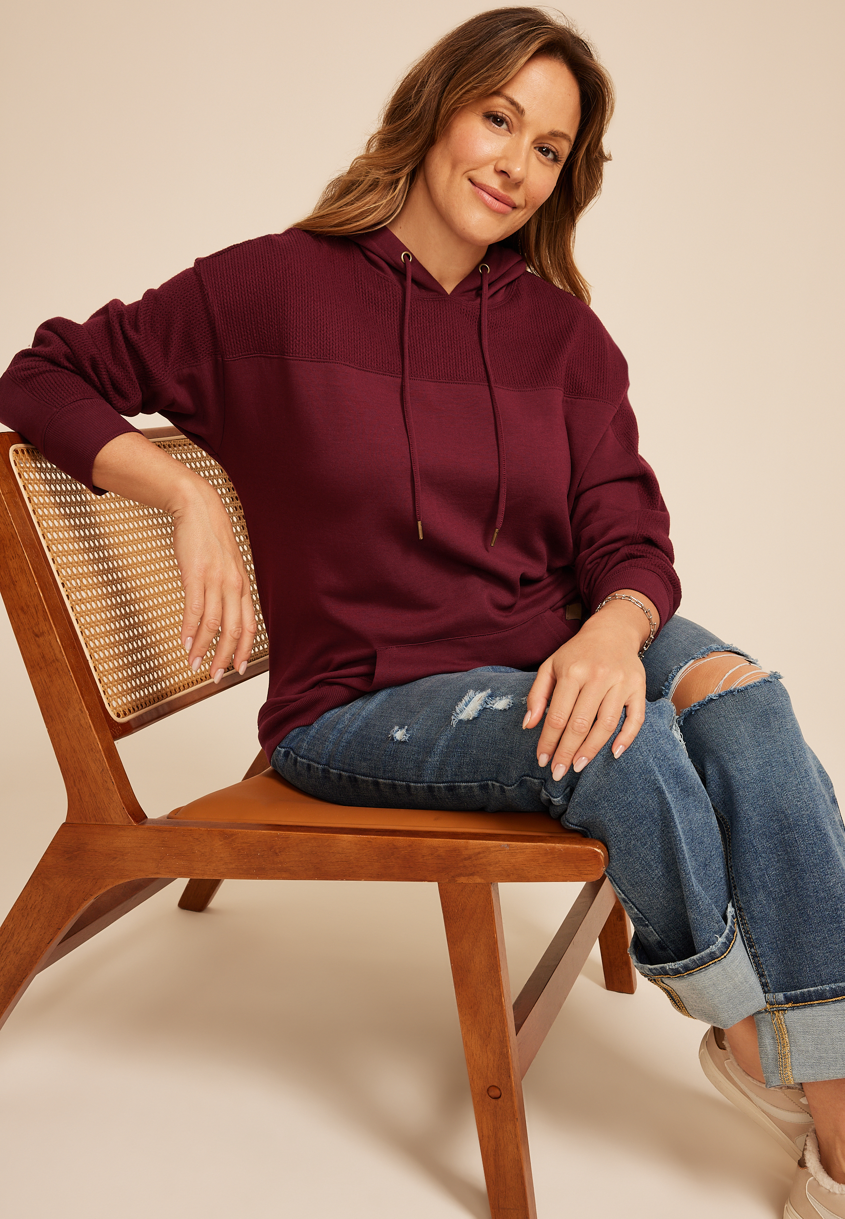 Plus Size Homeward Knit Trim Hoodie, TAWNY PORT, large