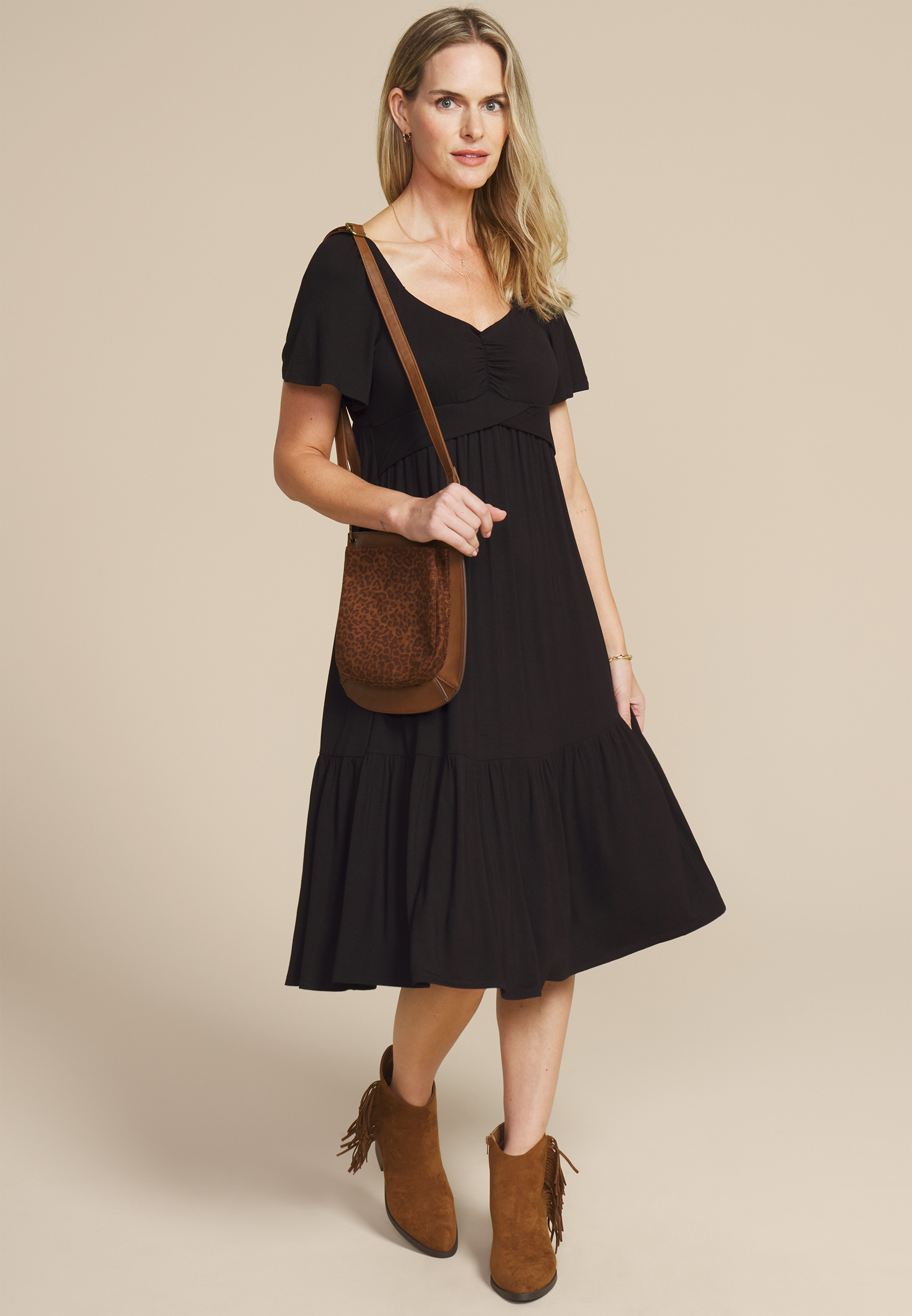 24/7 Flutter Sleeve Midi Dress, BLACK, large