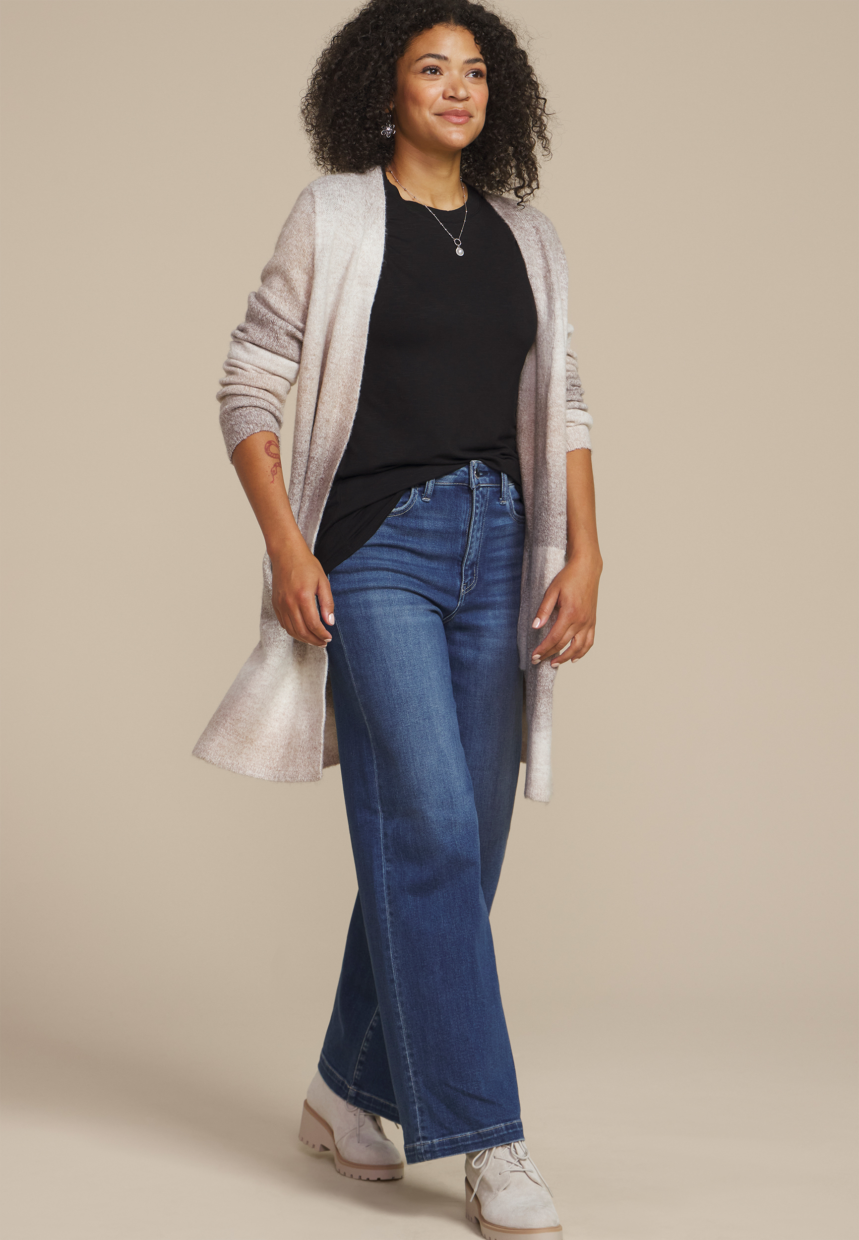 Neutral Striped Space Dye Open Front Duster Cardigan, NEUTRAL COMBO, large