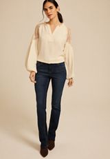 Lace Shoulder Balloon Sleeve Blouse, COFFEE CREAMER, small