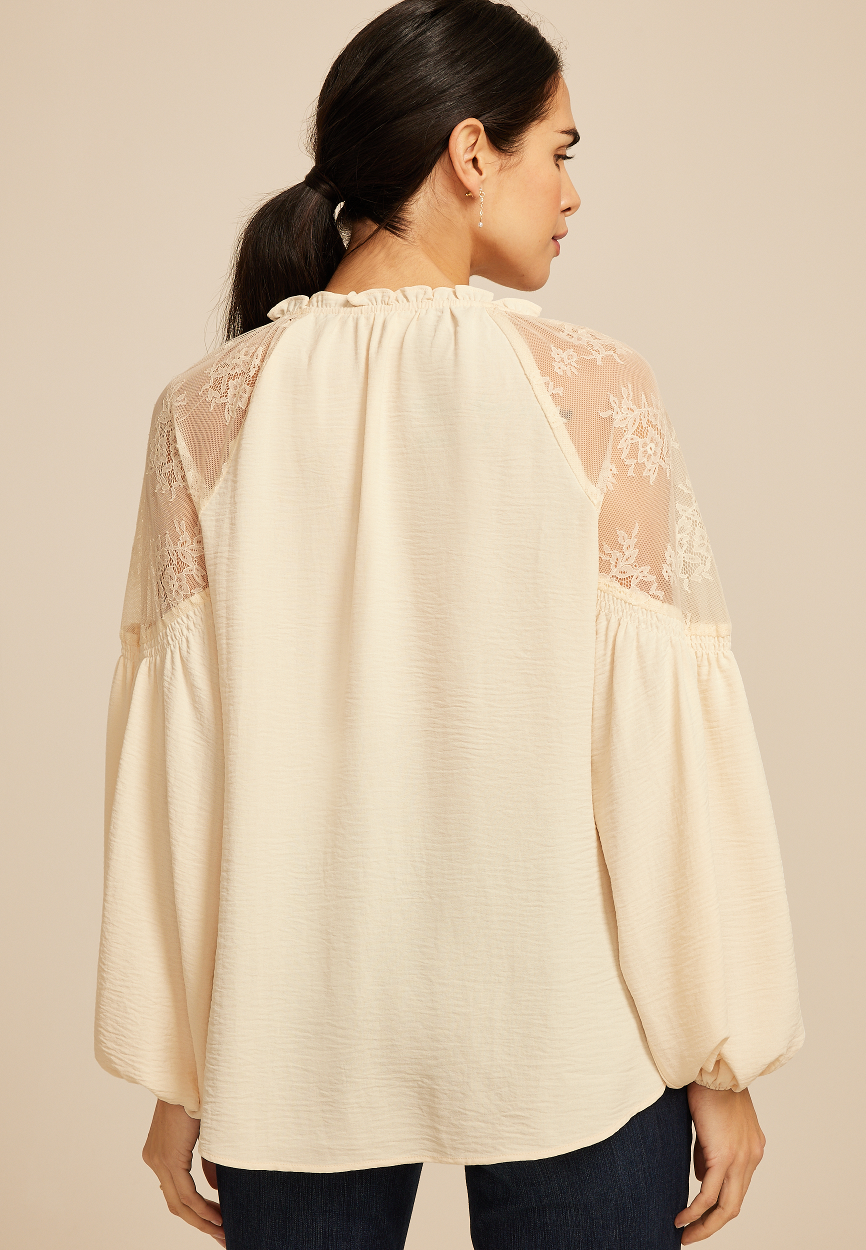 Lace Shoulder Balloon Sleeve Blouse, COFFEE CREAMER, large