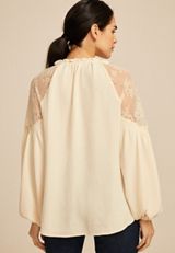 Lace Shoulder Balloon Sleeve Blouse, COFFEE CREAMER, small