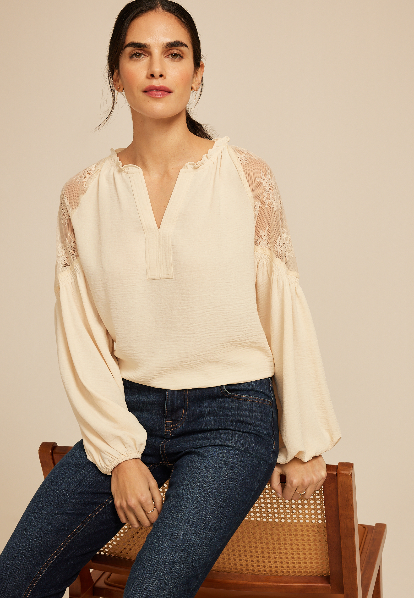 Lace Shoulder Balloon Sleeve Blouse, COFFEE CREAMER, large