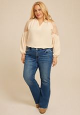 Plus Size Lace Shoulder Balloon Sleeve Blouse, COFFEE CREAMER, small