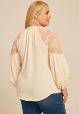 Plus Size Lace Shoulder Balloon Sleeve Blouse, COFFEE CREAMER, small