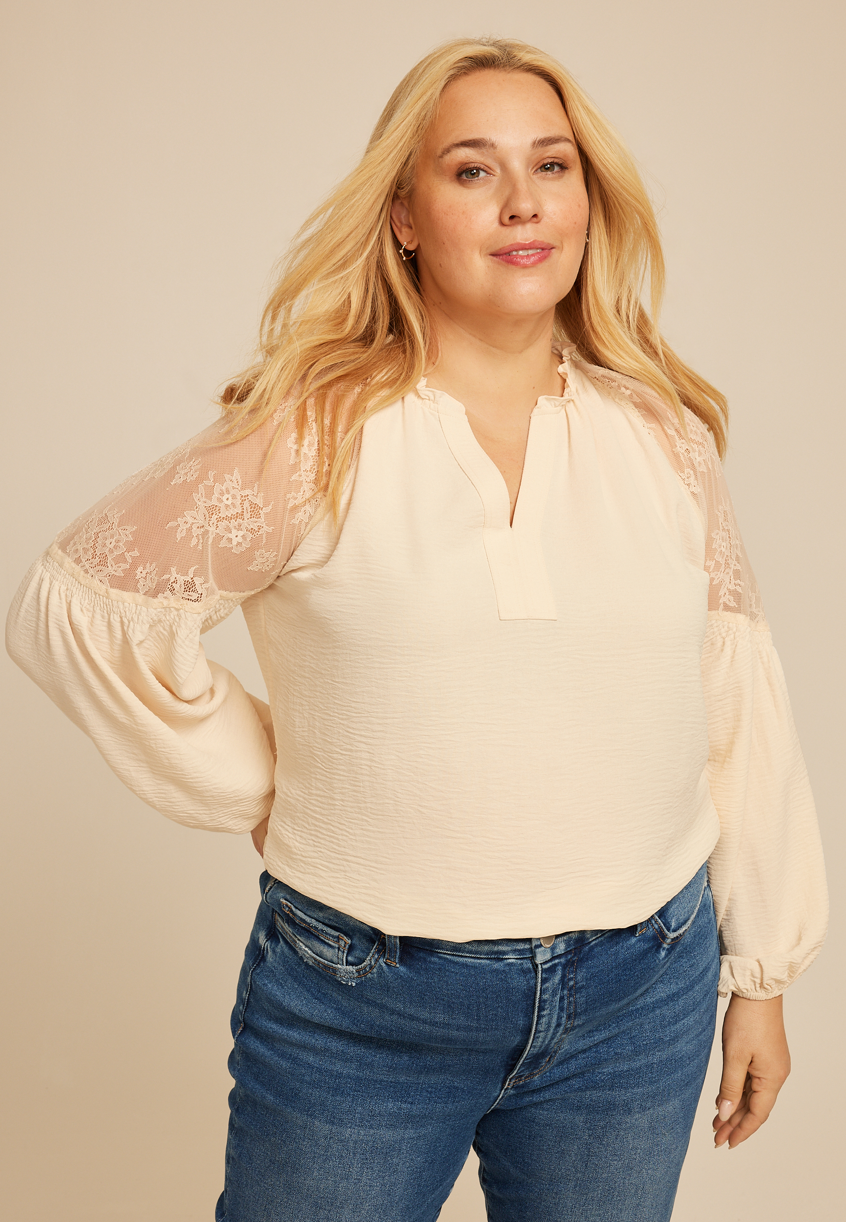Plus Size Lace Shoulder Balloon Sleeve Blouse, COFFEE CREAMER, large