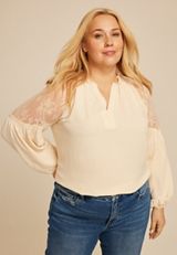 Plus Size Lace Shoulder Balloon Sleeve Blouse, COFFEE CREAMER, small