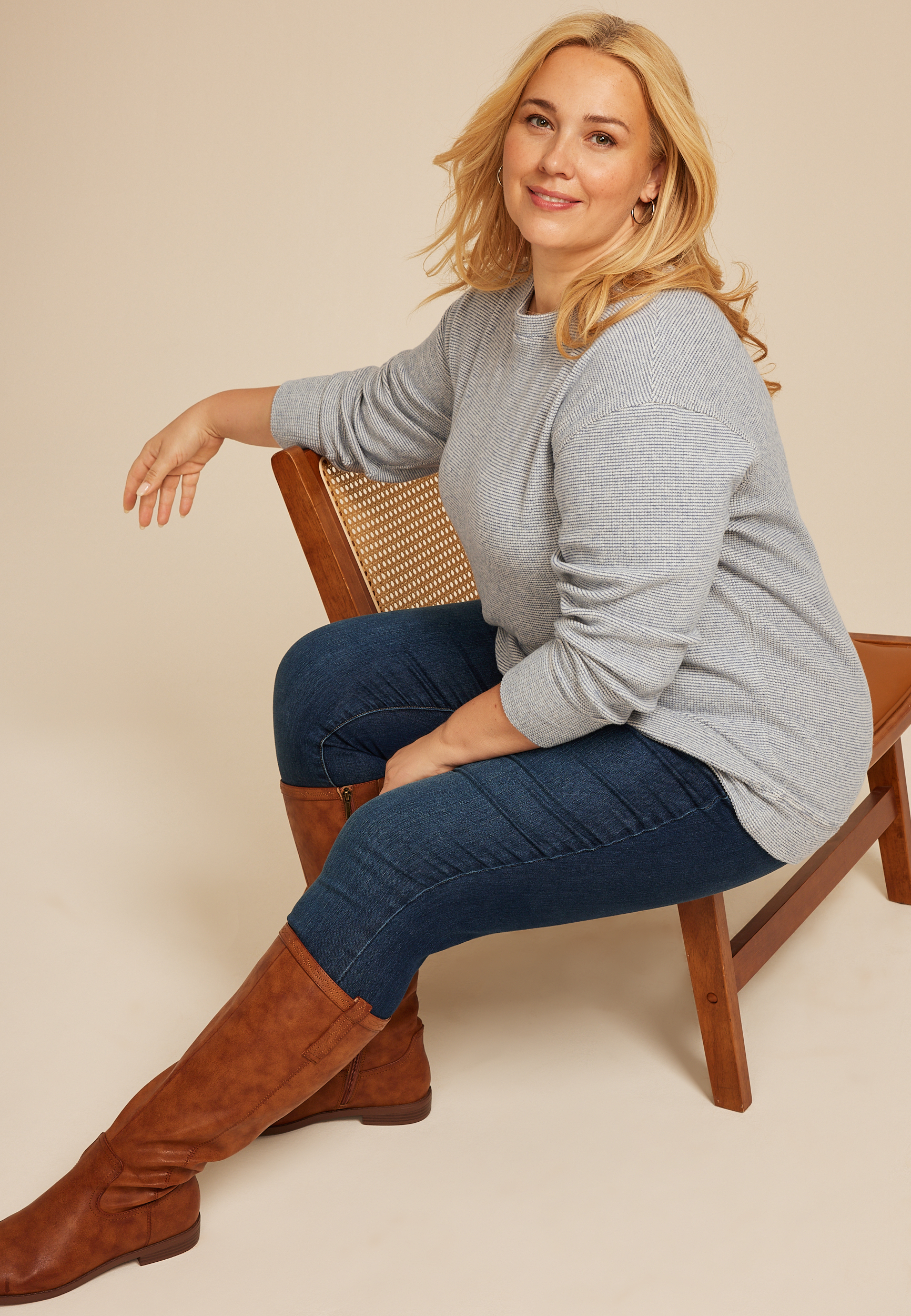 Plus Size Brushed Waffle Tunic Sweatshirt, BIJOU BLUE, large