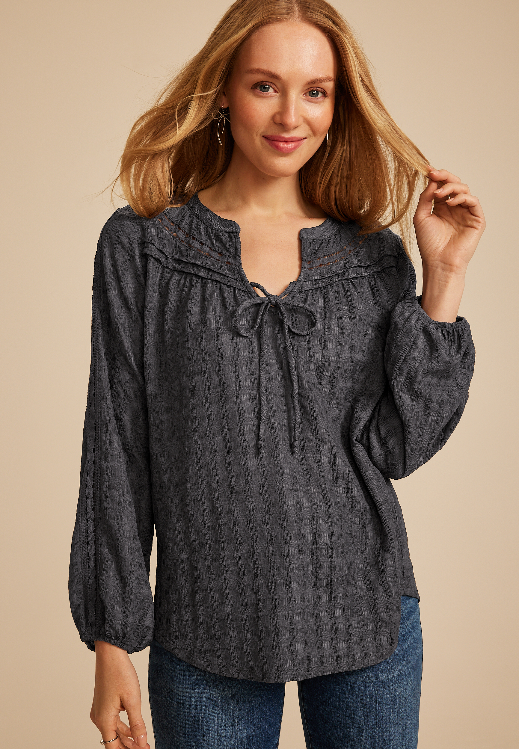 Gray Textured Peasant Blouse
