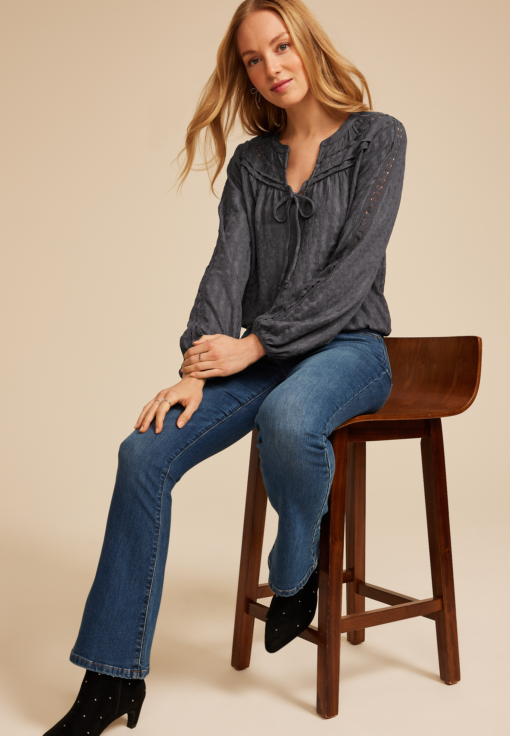 Gray Textured Peasant Blouse, C829, large