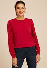 Red Floral Velvet Puff Sleeves Top, C4744, small