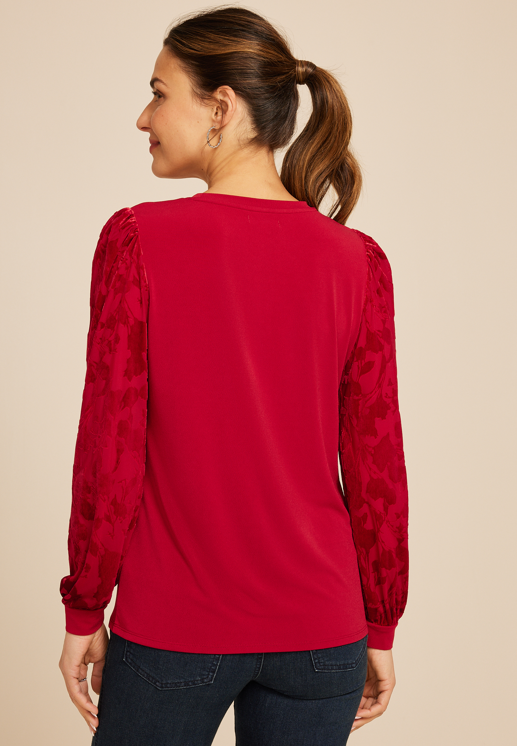 Red Floral Velvet Puff Sleeves Top, C4744, large