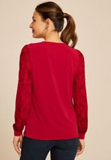 Red Floral Velvet Puff Sleeves Top, C4744, small
