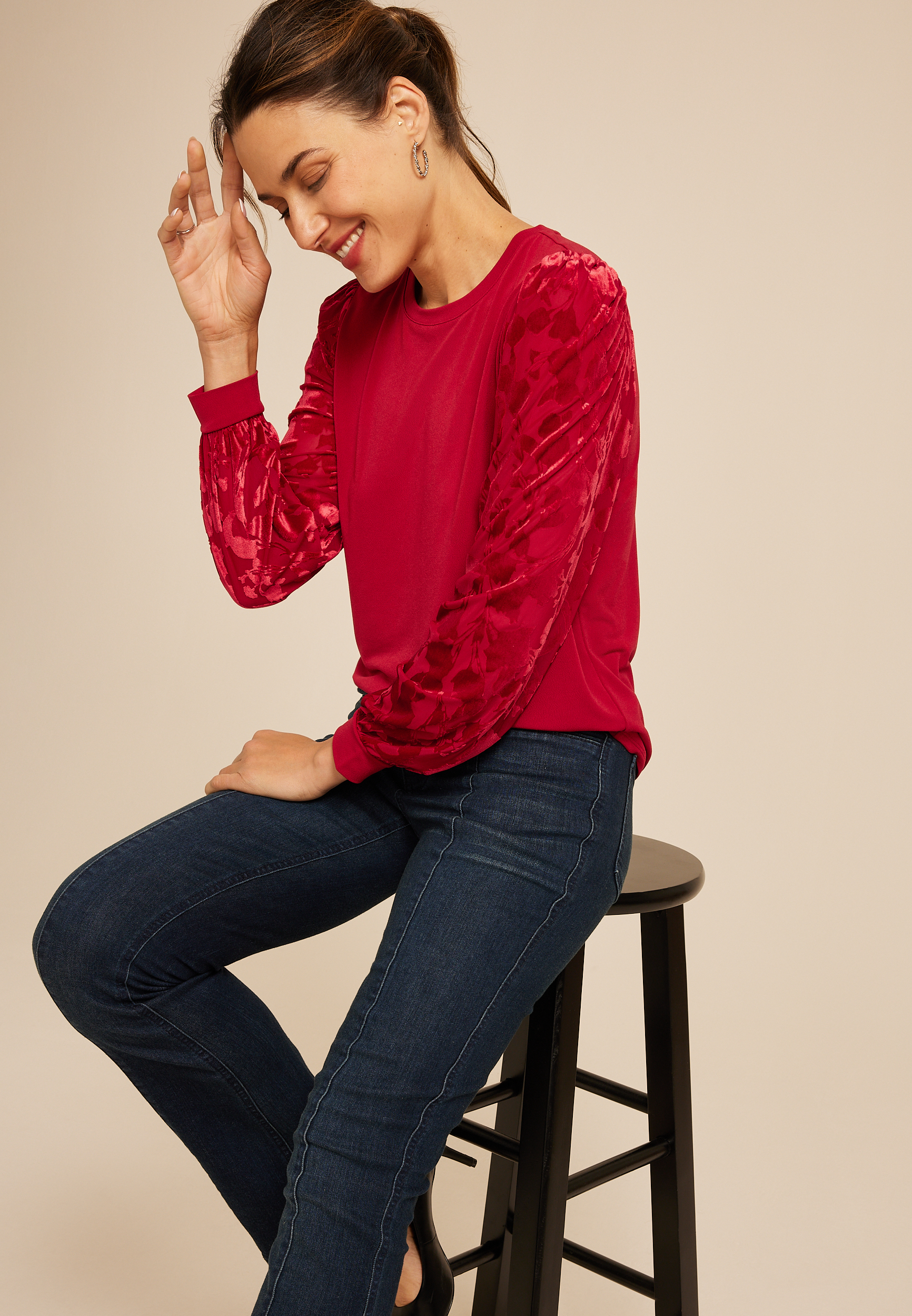 Red Floral Velvet Puff Sleeves Top, C4744, large
