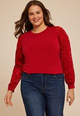 Plus Size Red Floral Velvet Puff Sleeves Top, C4744, small