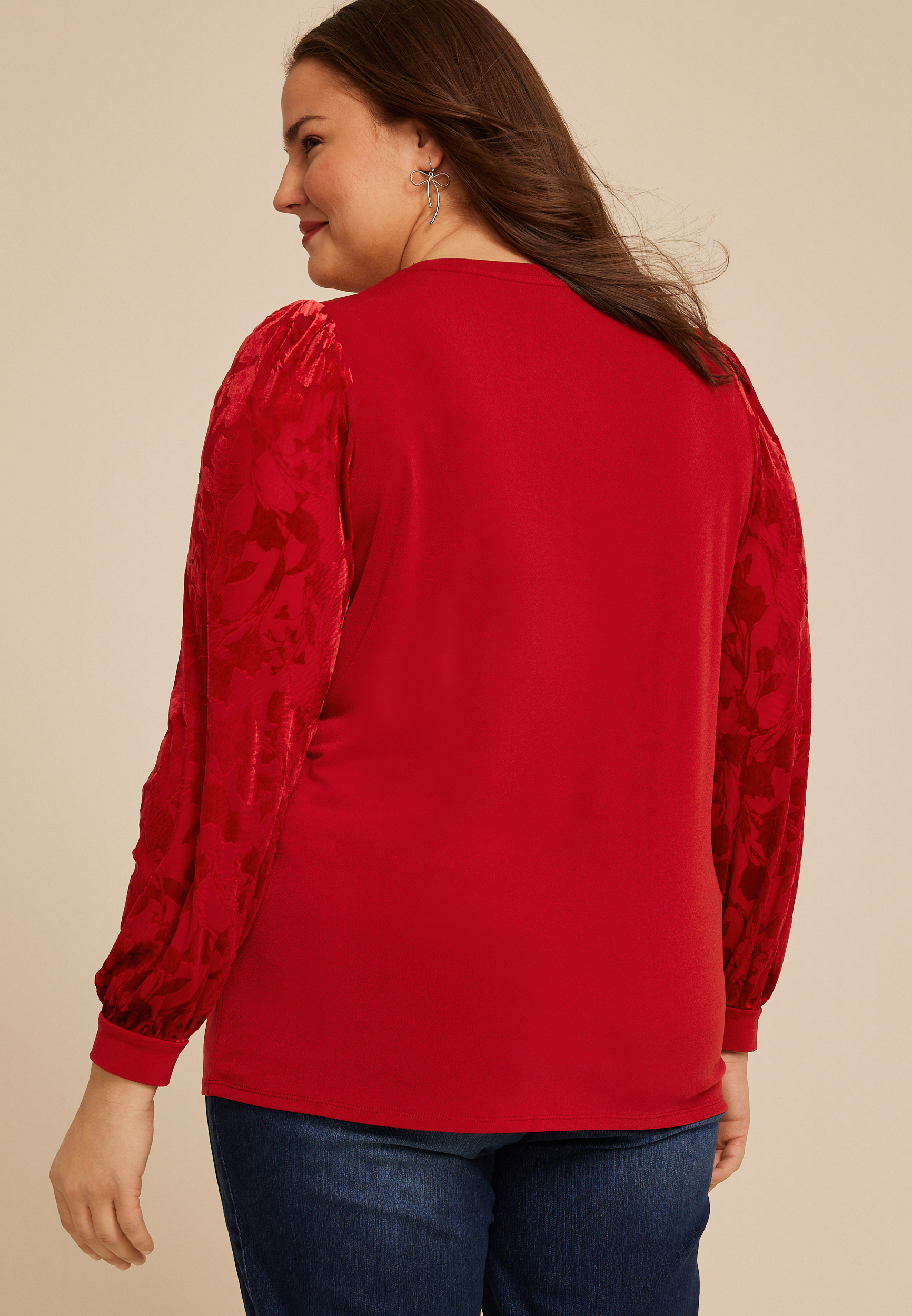 Plus Size Red Floral Velvet Puff Sleeves Top, C4744, large