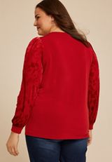 Plus Size Red Floral Velvet Puff Sleeves Top, C4744, small