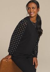 Black Polka Dot Mesh Puff Sleeves Top, BLACK COMBO, small