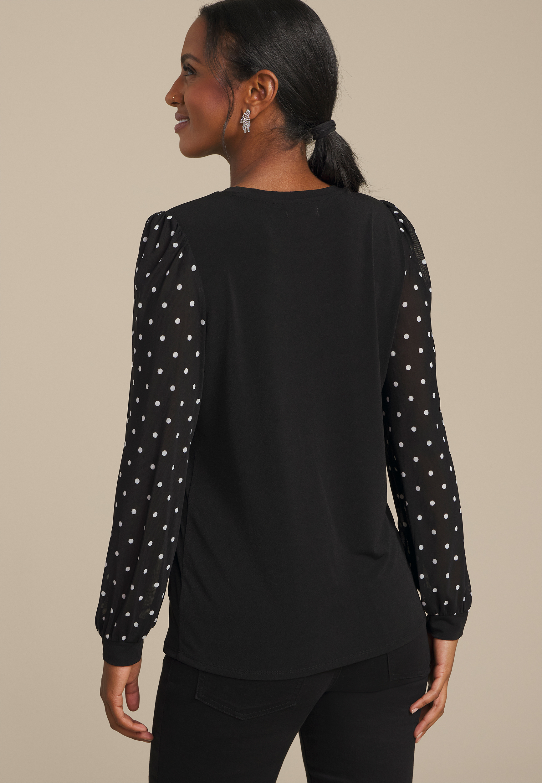 Black Polka Dot Mesh Puff Sleeves Top, BLACK COMBO, large