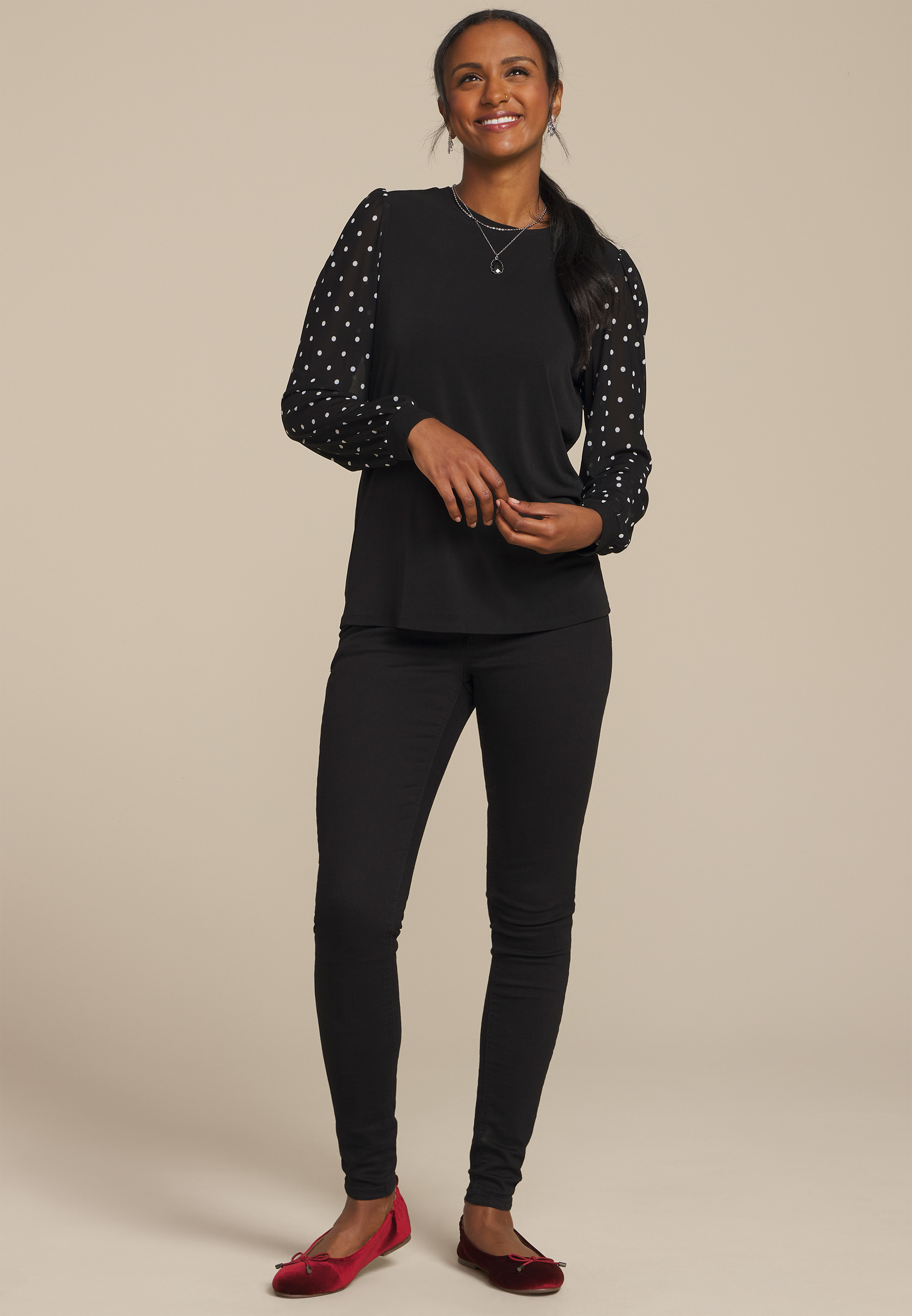 Black Polka Dot Mesh Puff Sleeves Top, BLACK COMBO, large