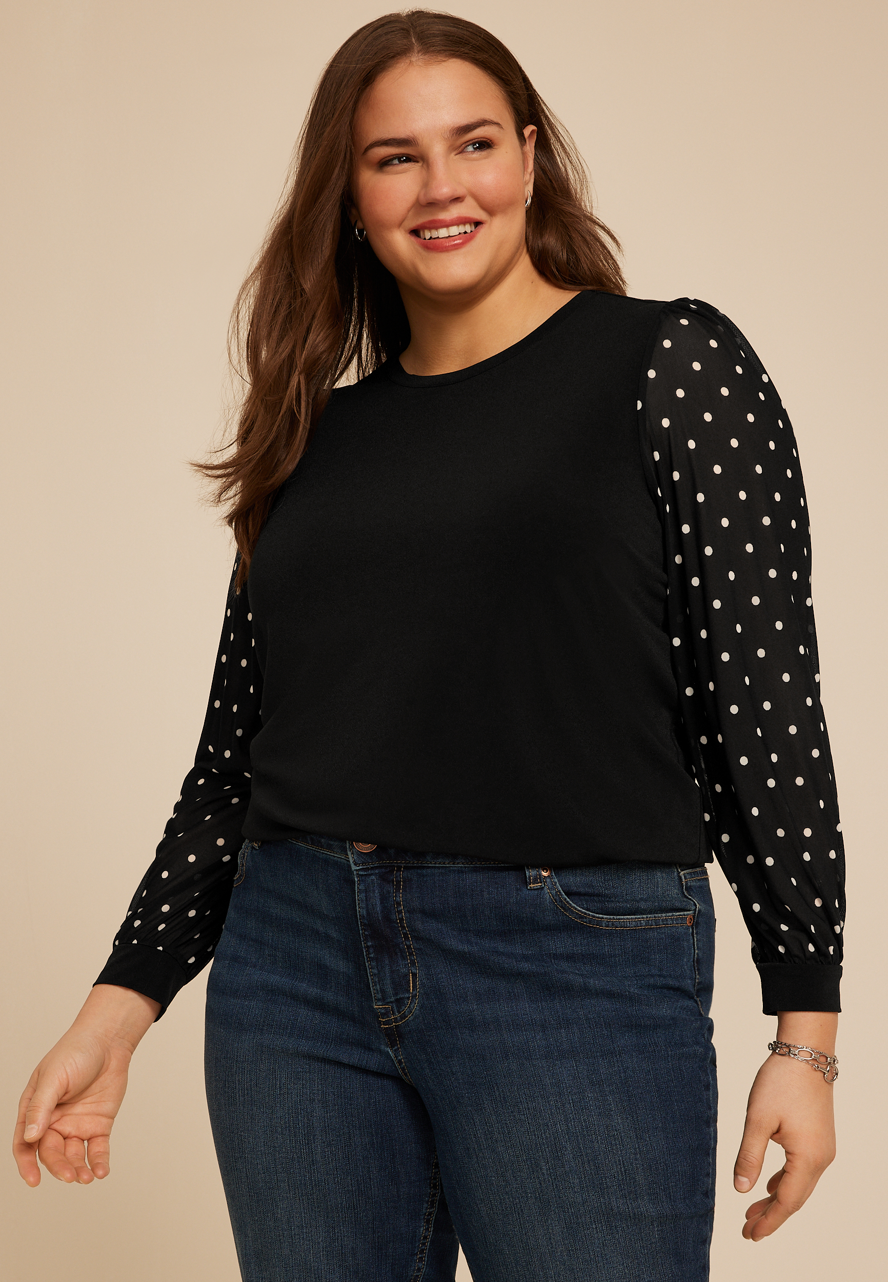 Plus Size Black Polka Dot Mesh Puff Sleeves Top