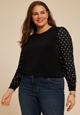 Plus Size Black Polka Dot Mesh Puff Sleeves Top, BLACK COMBO, small