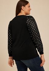 Plus Size Black Polka Dot Mesh Puff Sleeves Top, BLACK COMBO, small