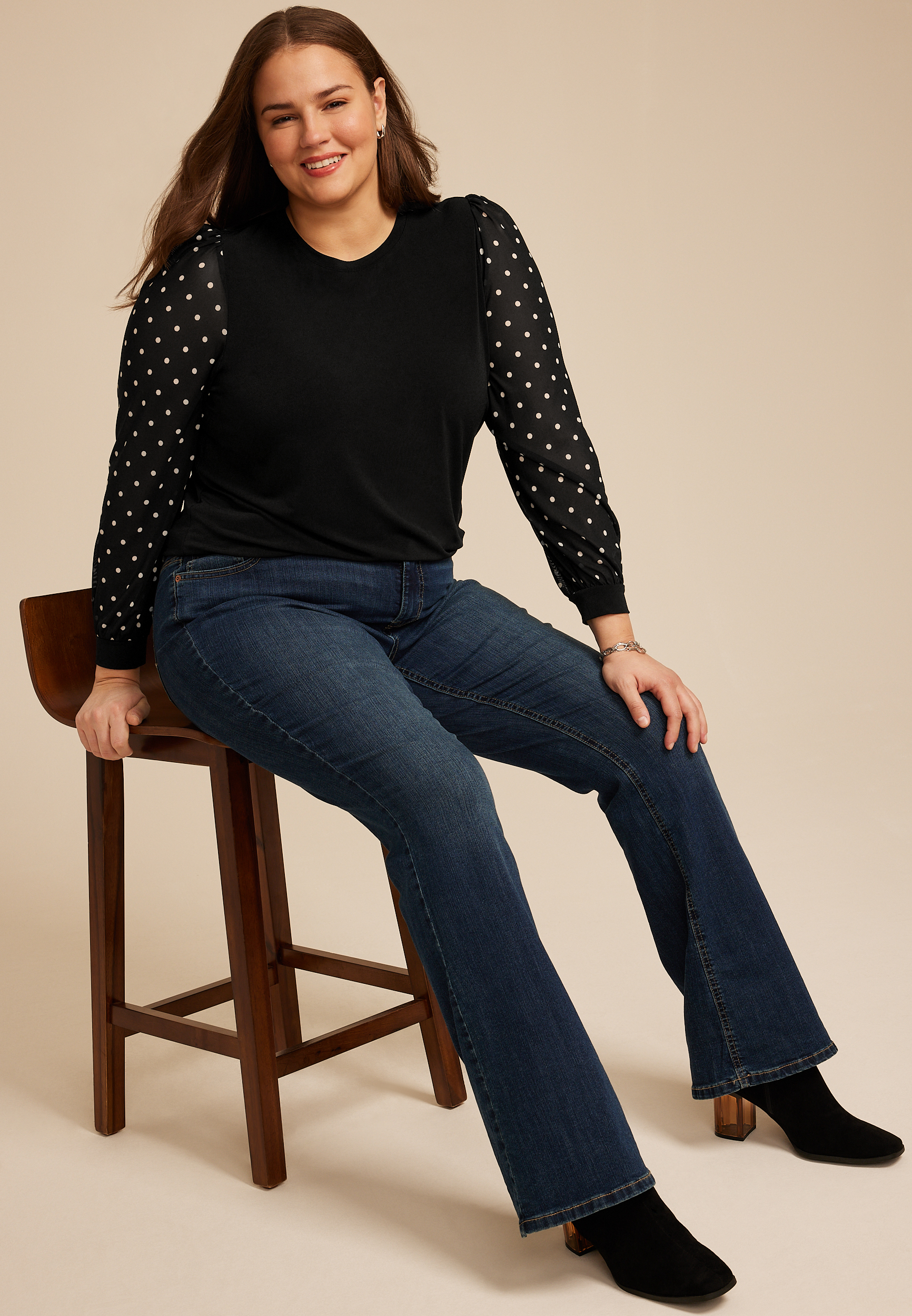 Plus Size Black Polka Dot Mesh Puff Sleeves Top, BLACK COMBO, large
