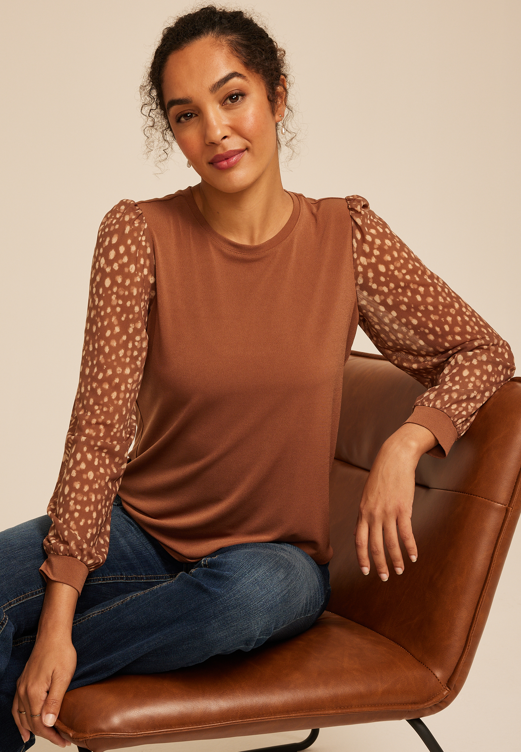 Brown Printed Mesh Puff Sleeves Top