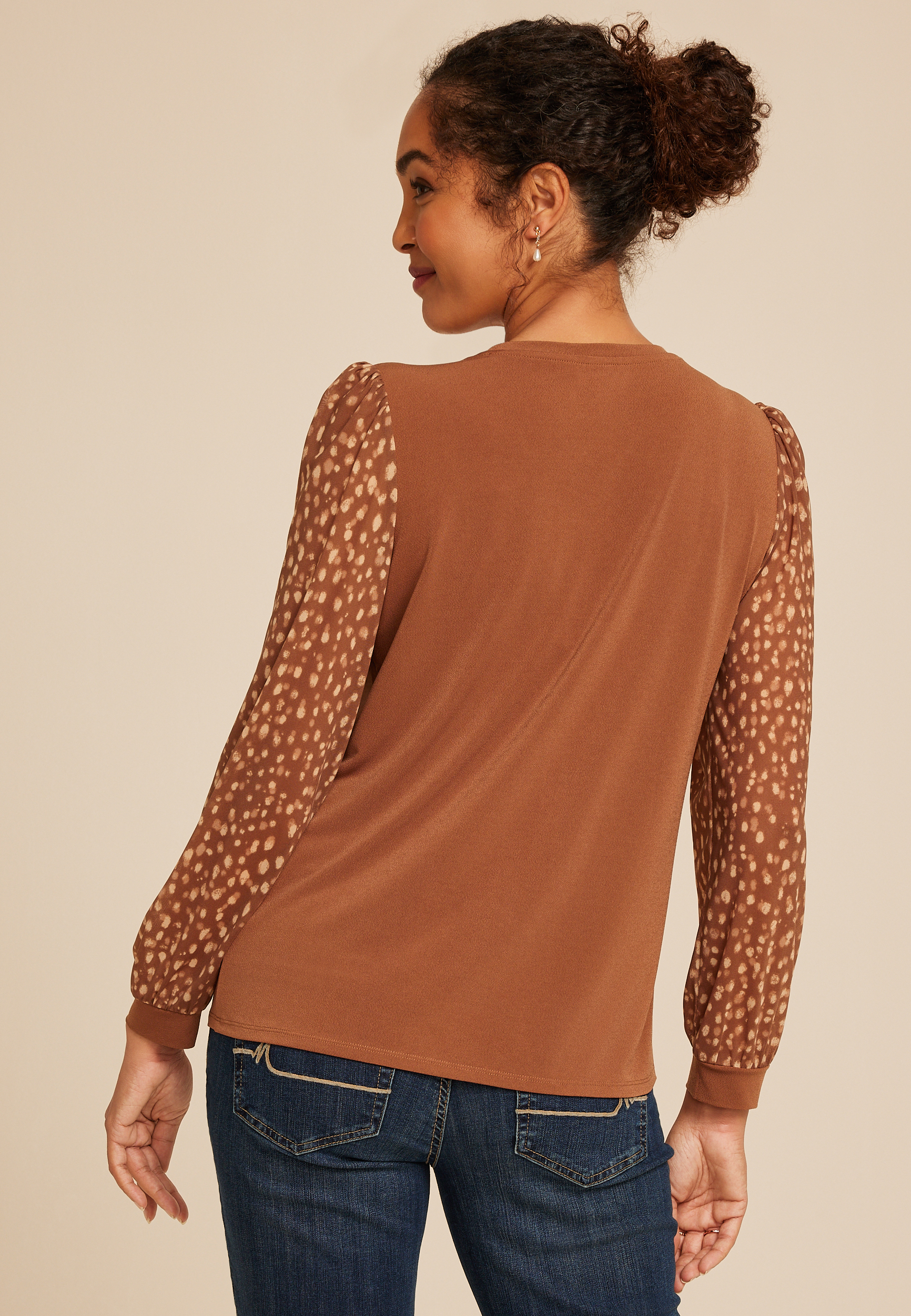 Brown Printed Mesh Puff Sleeves Top, C3681, large