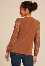 Brown Printed Mesh Puff Sleeves Top, C3681, small
