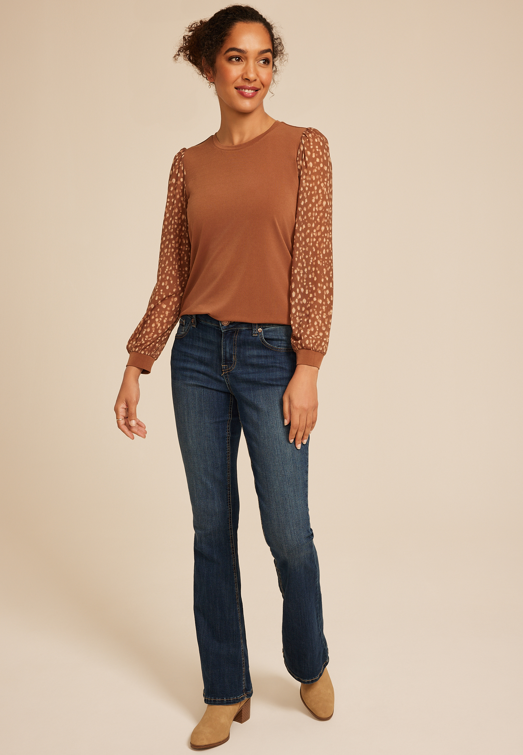 Brown Printed Mesh Puff Sleeves Top, C3681, large