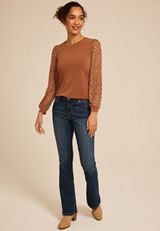 Brown Printed Mesh Puff Sleeves Top, C3681, small