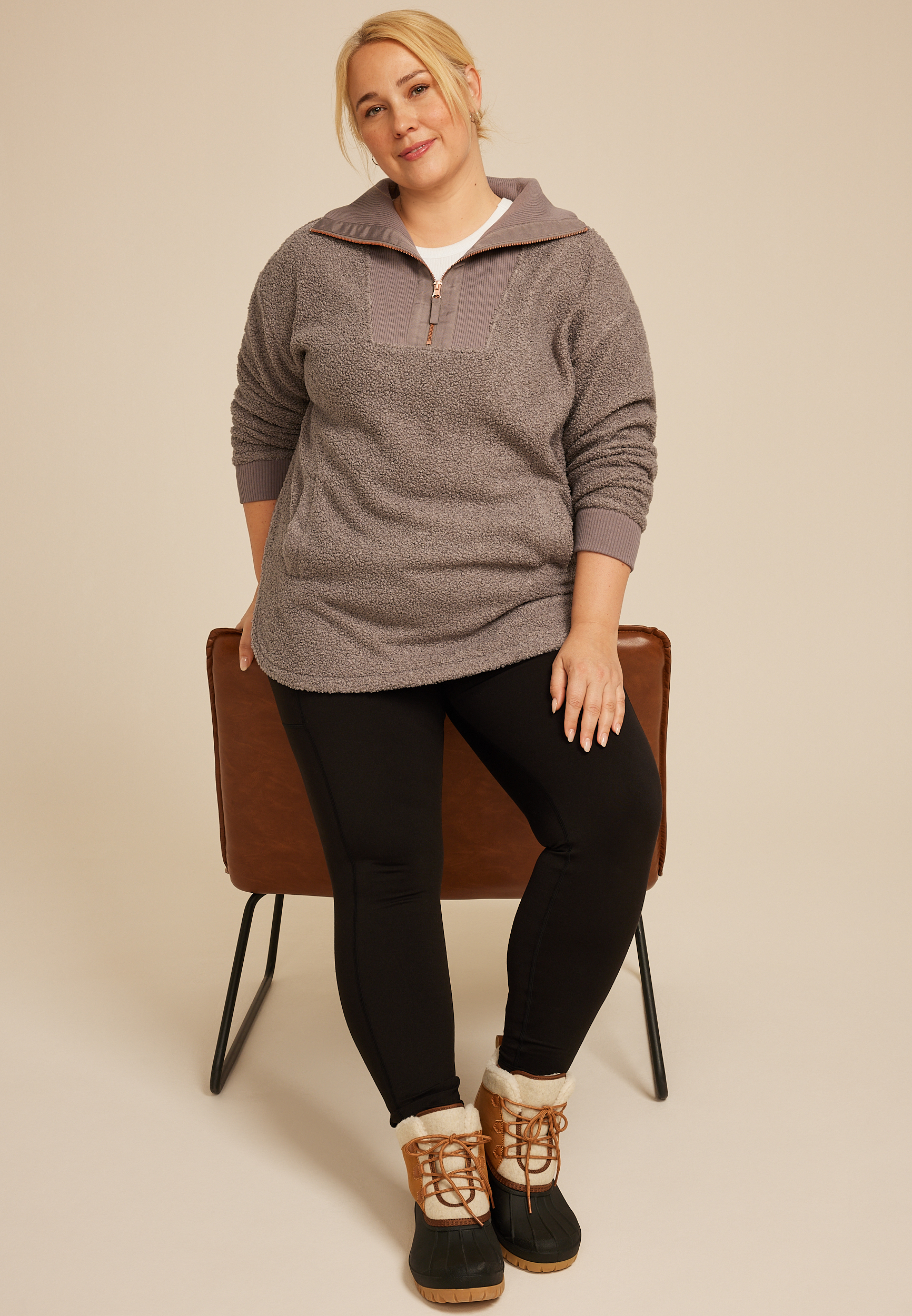 Plus Size Quarter Zip Sherpa Tunic Sweatshirt, C3374, large