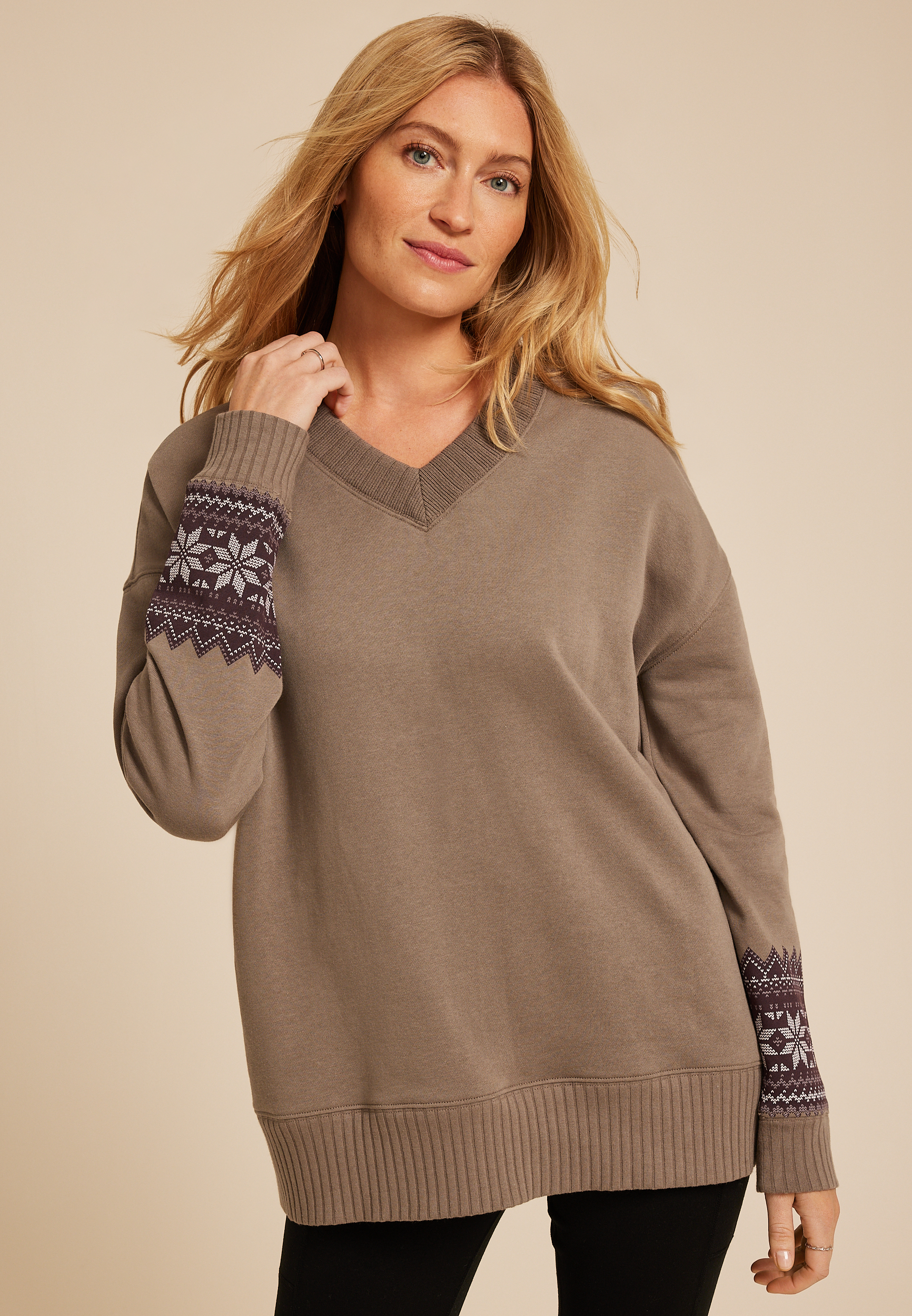 Willowsoft Fair Isle Sleeve Relaxed Fit Sweatshirt