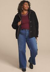 Plus Size Sherpa Faux Leather Trim Jacket, , small