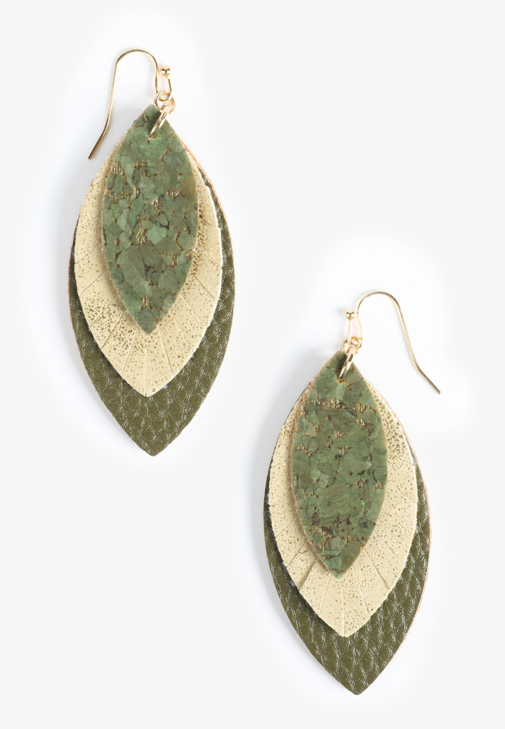 Olive And Gold Layered Leaf Drop Earrings